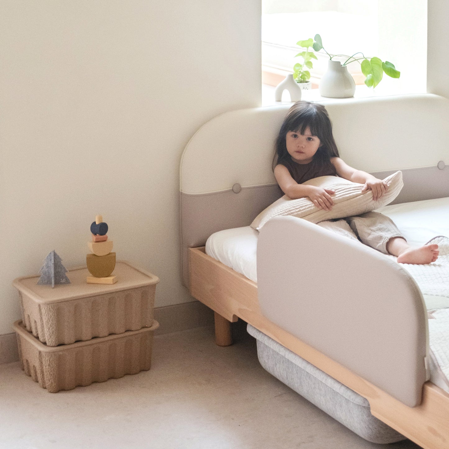 No. 1 Montessori Bed with Colourblock Padded Headboard